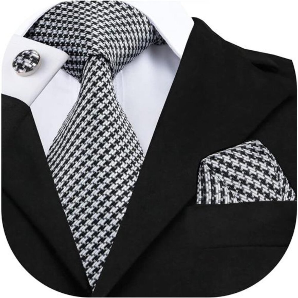 Mens Plaid Ties Classic Paisley Necktie with Handkerchief Cufflinks Set Stripe
